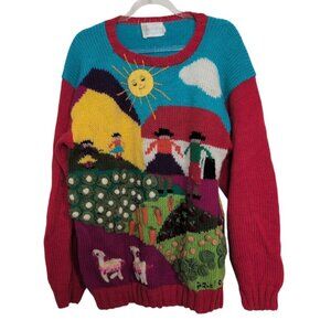 Raquels Colllection Hand Knit Peruvian 3D Sweater Womens Size Large Red Garden